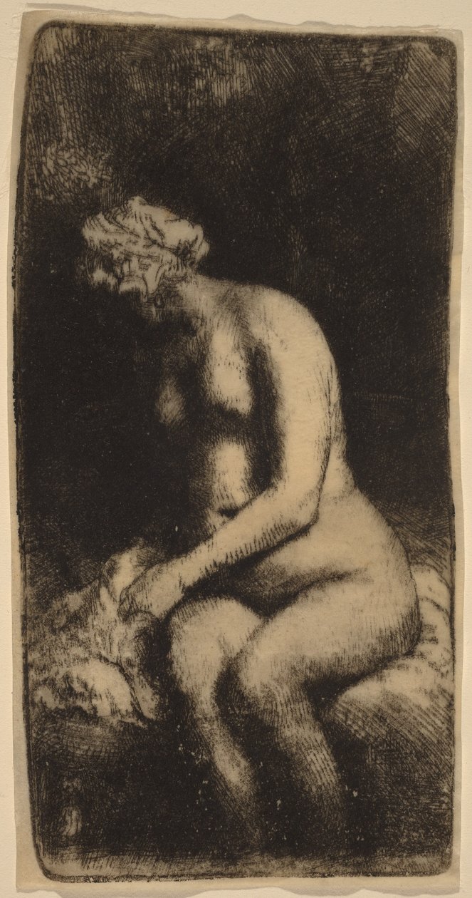 Naakt zittend op een bankje met een kussen (vrouw die haar voeten wast bij een beekje) door Rembrandt van Rijn