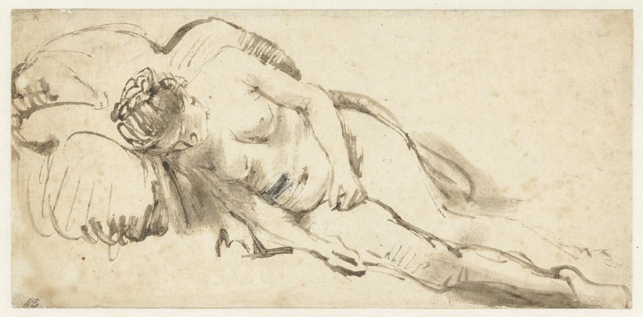 Naakte vrouw liggend op een kussen door Rembrandt van Rijn