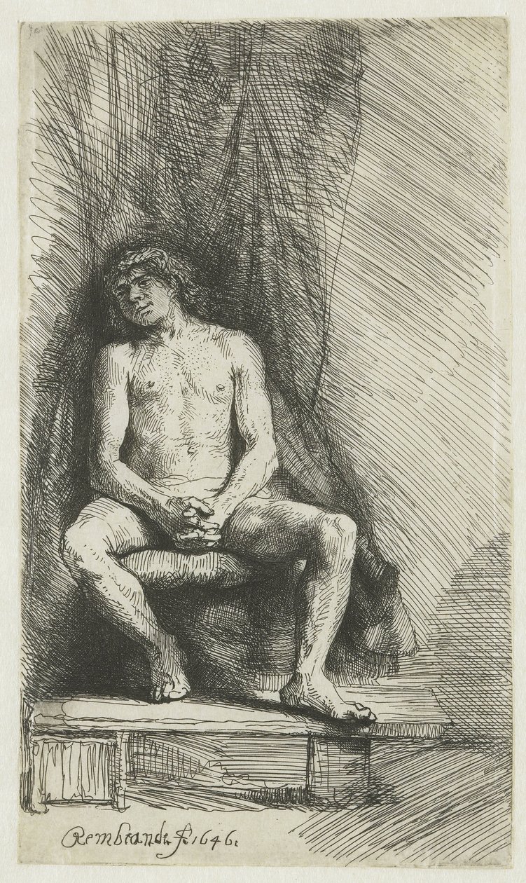 Naakte jonge man, zittend voor een gordijn door Rembrandt van Rijn