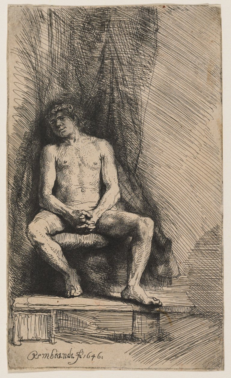 Naakte jongeman zittend voor een gordijn door Rembrandt van Rijn