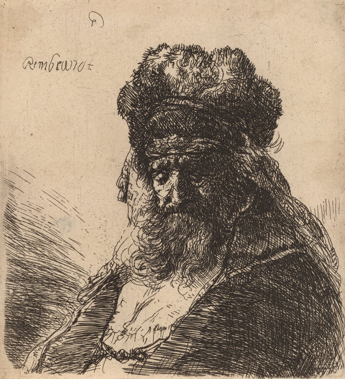 Oude Bebaarde Man in een Hoge Bontmuts, met Gesloten Ogen, ca. 1635 door Rembrandt van Rijn