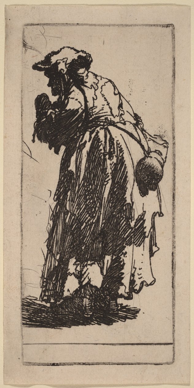 Oude bedelvrouw met een kalebas door Rembrandt van Rijn