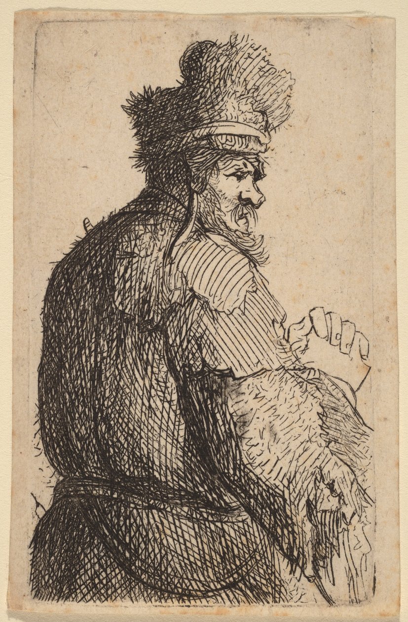 Oude man, van achteren gezien, in profiel naar rechts door Rembrandt van Rijn