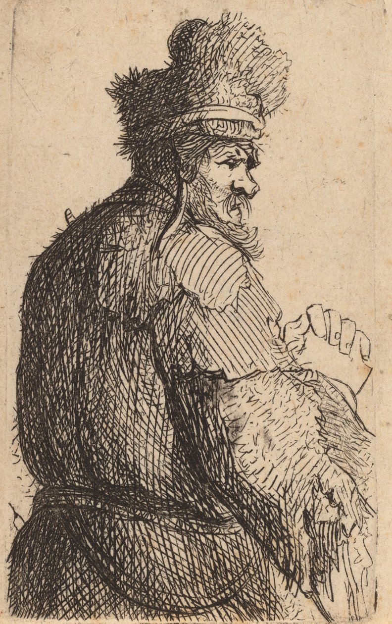 Oude man gezien van achteren, profiel naar rechts door Rembrandt van Rijn
