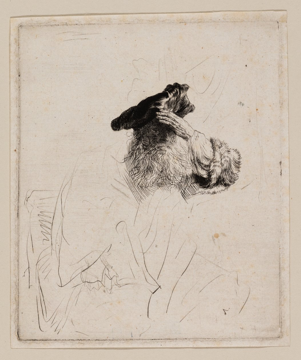 Oude man die zijn ogen met zijn hand afschermt door Rembrandt van Rijn