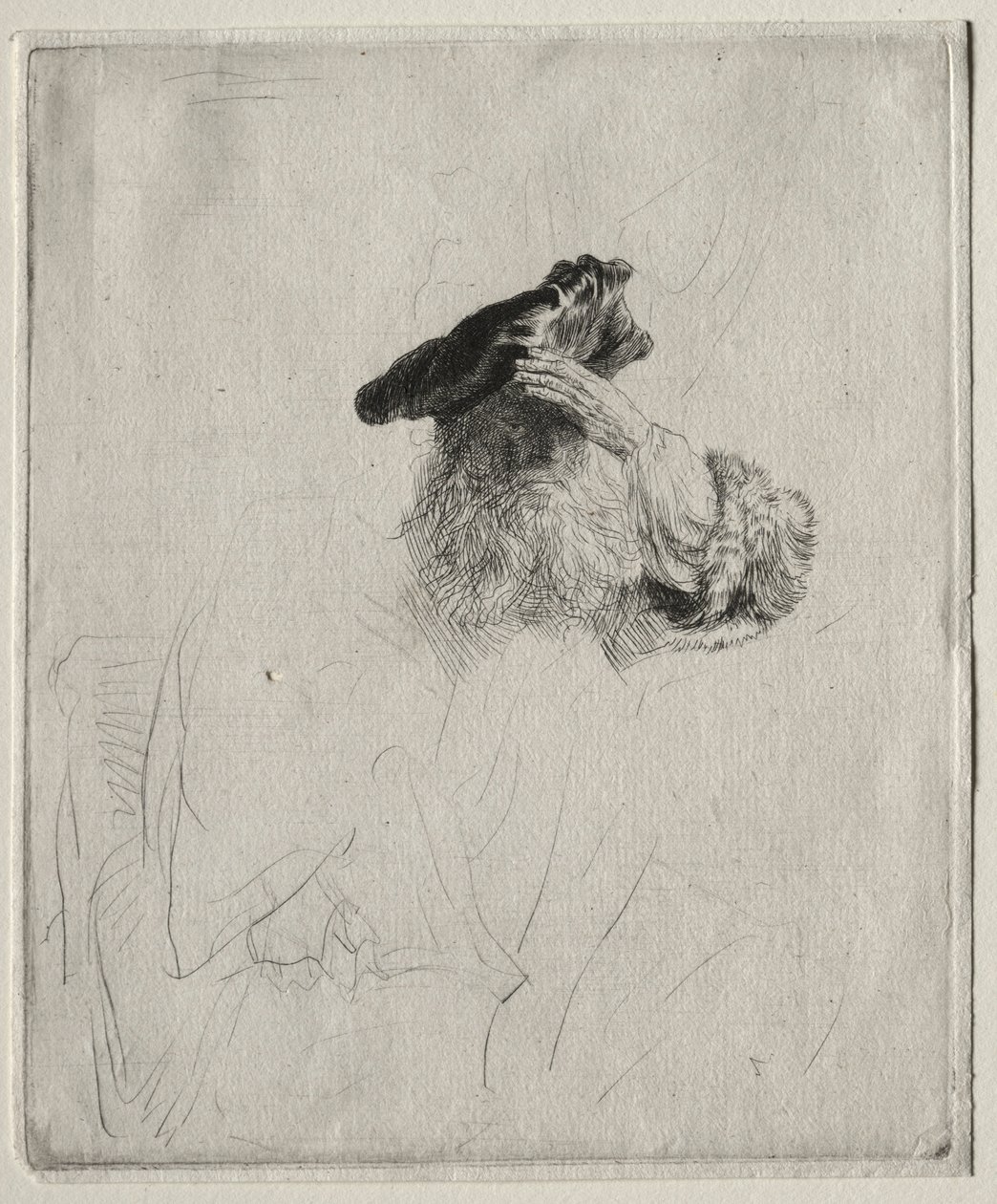 Oude man die zijn ogen met zijn hand afschermt door Rembrandt van Rijn