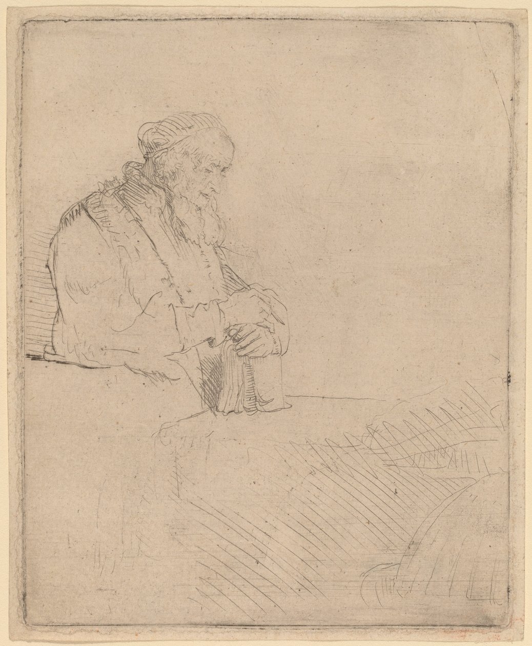 Oude man in meditatie, leunend op een boek door Rembrandt van Rijn