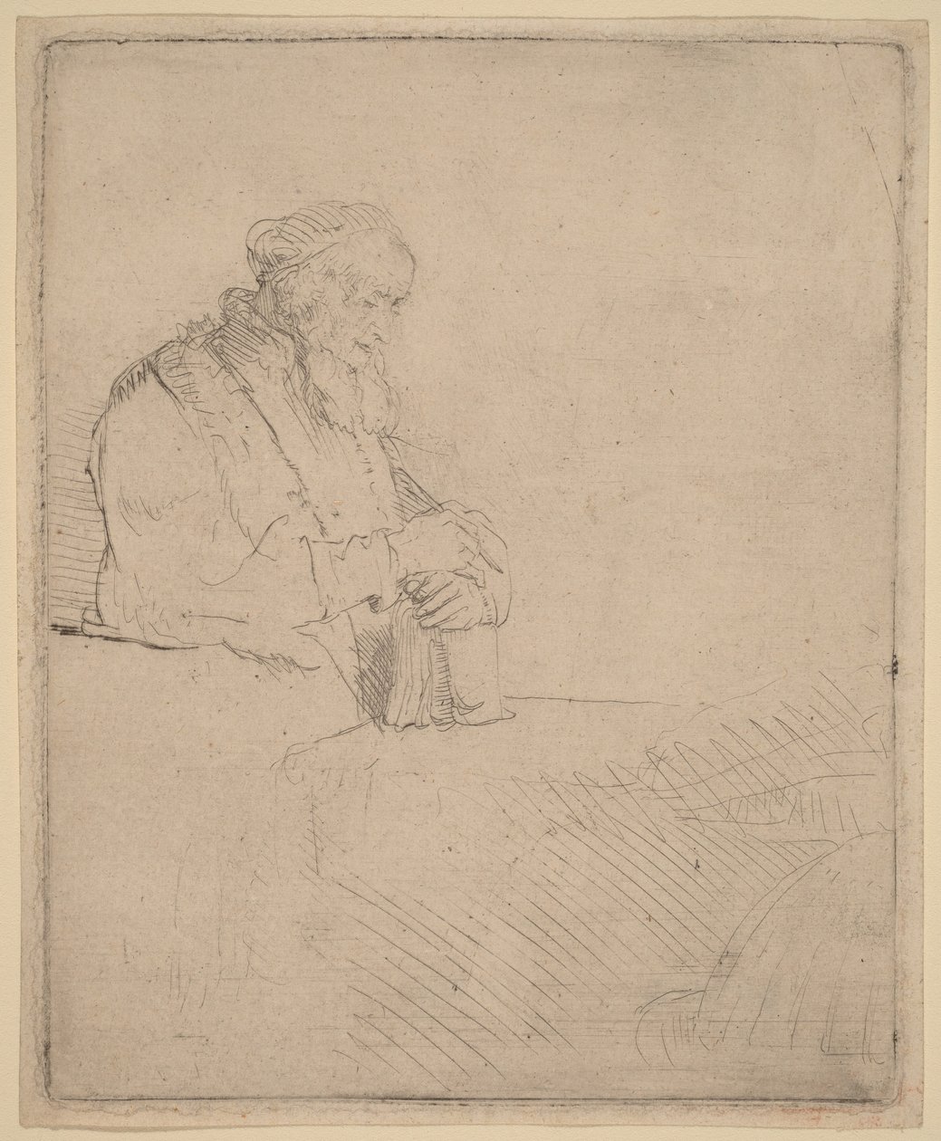 Oude man in meditatie, leunend op een boek door Rembrandt van Rijn