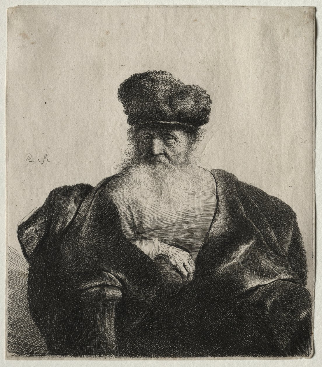 Oude man met baard, bontmuts en fluwelen mantel door Rembrandt van Rijn