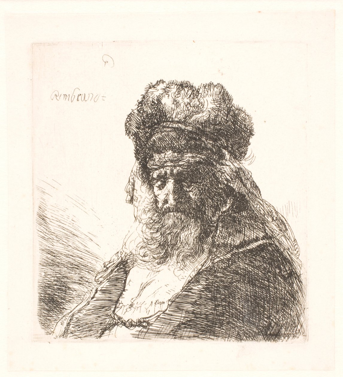Oude bebaarde man met een hoge bontmuts, met gesloten ogen door Rembrandt van Rijn