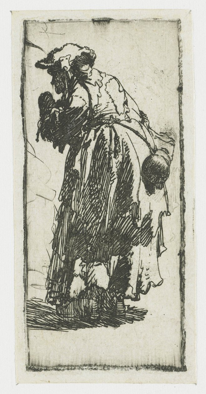 Oude bedelvrouw met een kalebas door Rembrandt van Rijn