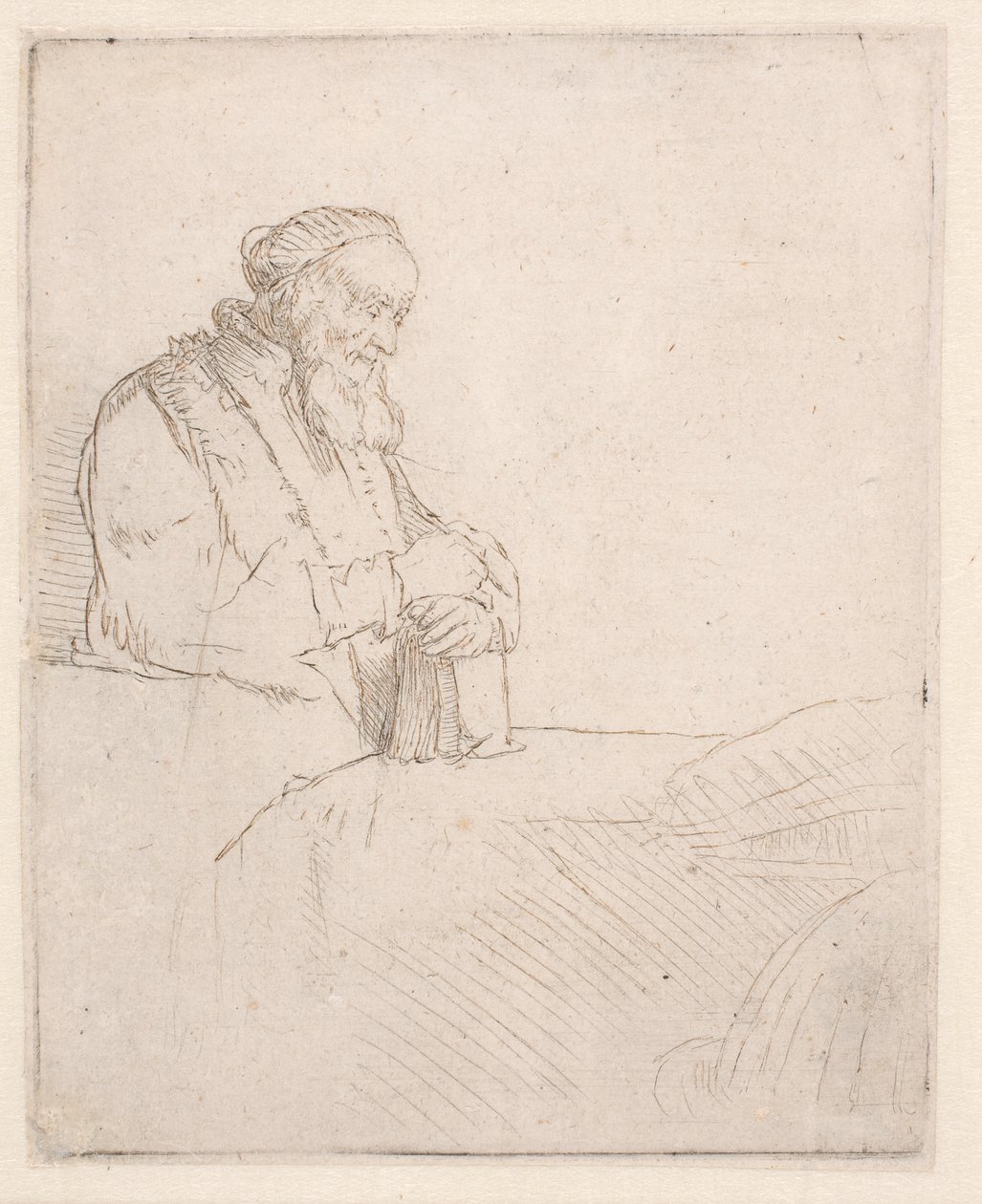 Een oude man in meditatie, leunend op een boek door Rembrandt van Rijn