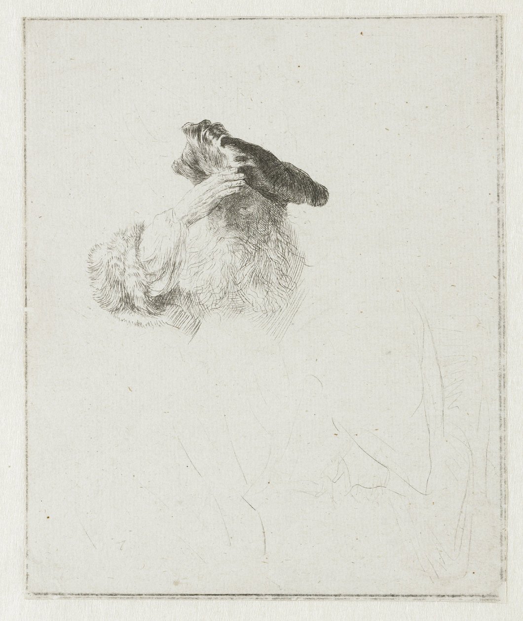 Oude man die met zijn hand zijn ogen afschermt door Rembrandt van Rijn