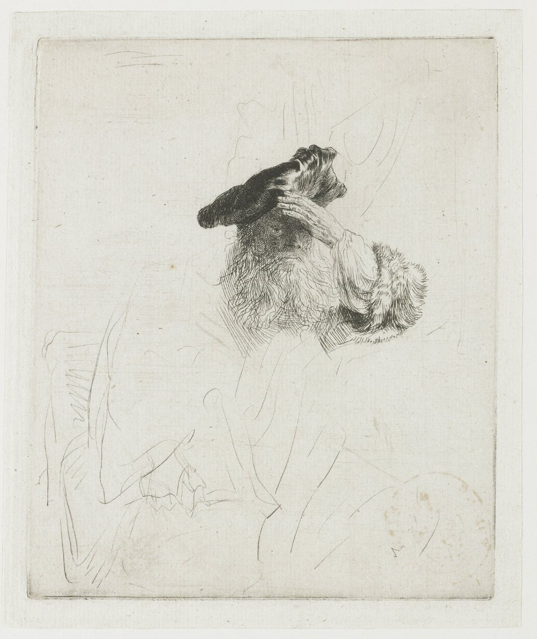 Oude man die met zijn hand zijn ogen afschermt door Rembrandt van Rijn