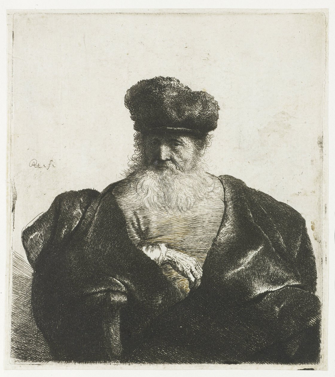 Oude man met baard, bontmuts en fluwelen mantel door Rembrandt van Rijn