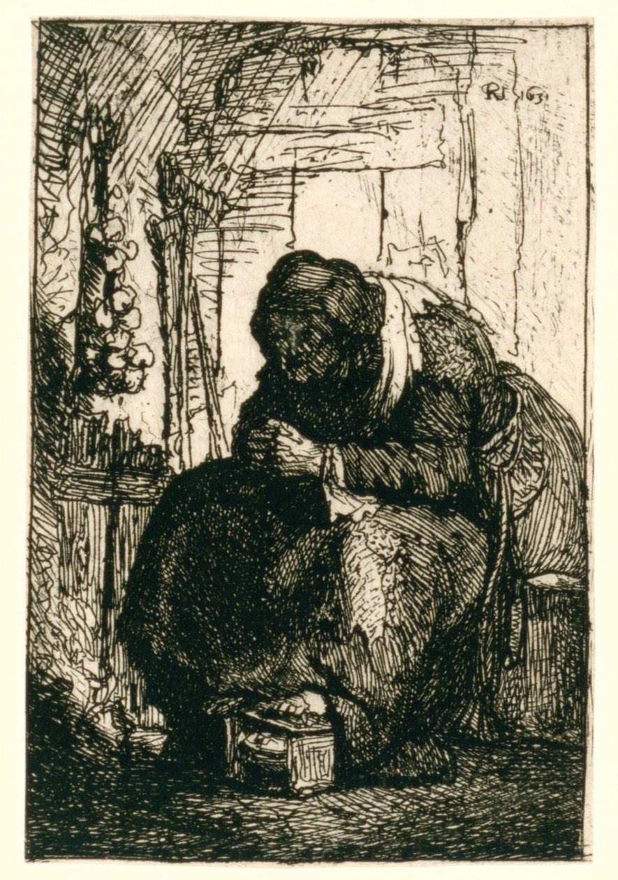 Een oude vrouw zit in een huisje, met een slinger uien aan de muur door Rembrandt van Rijn
