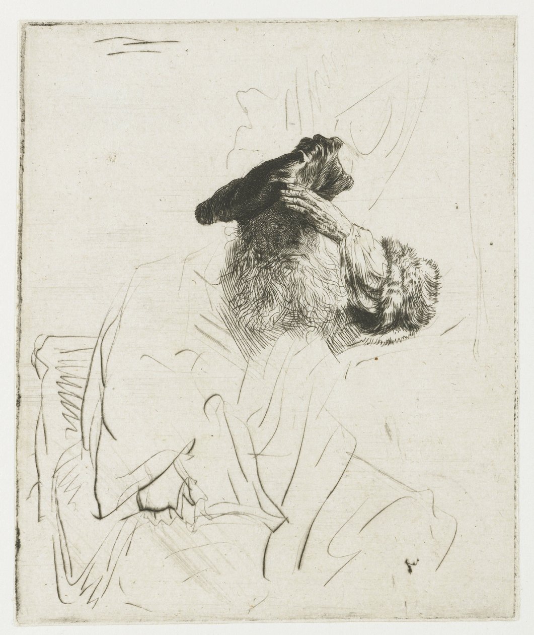 Oude man die zijn ogen beschaduwt met zijn hand door Rembrandt van Rijn