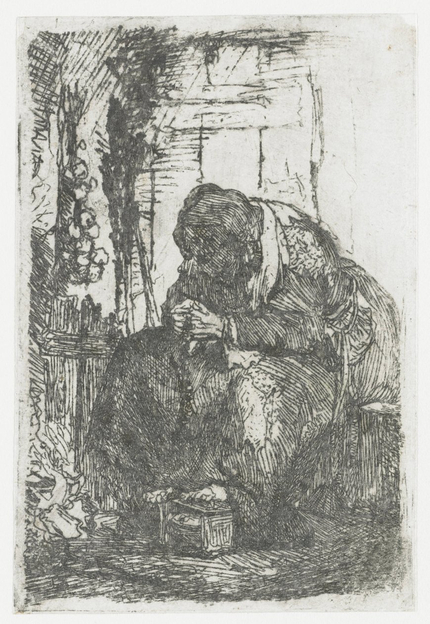 Oude vrouw met uien, zittend in een hut door Rembrandt van Rijn