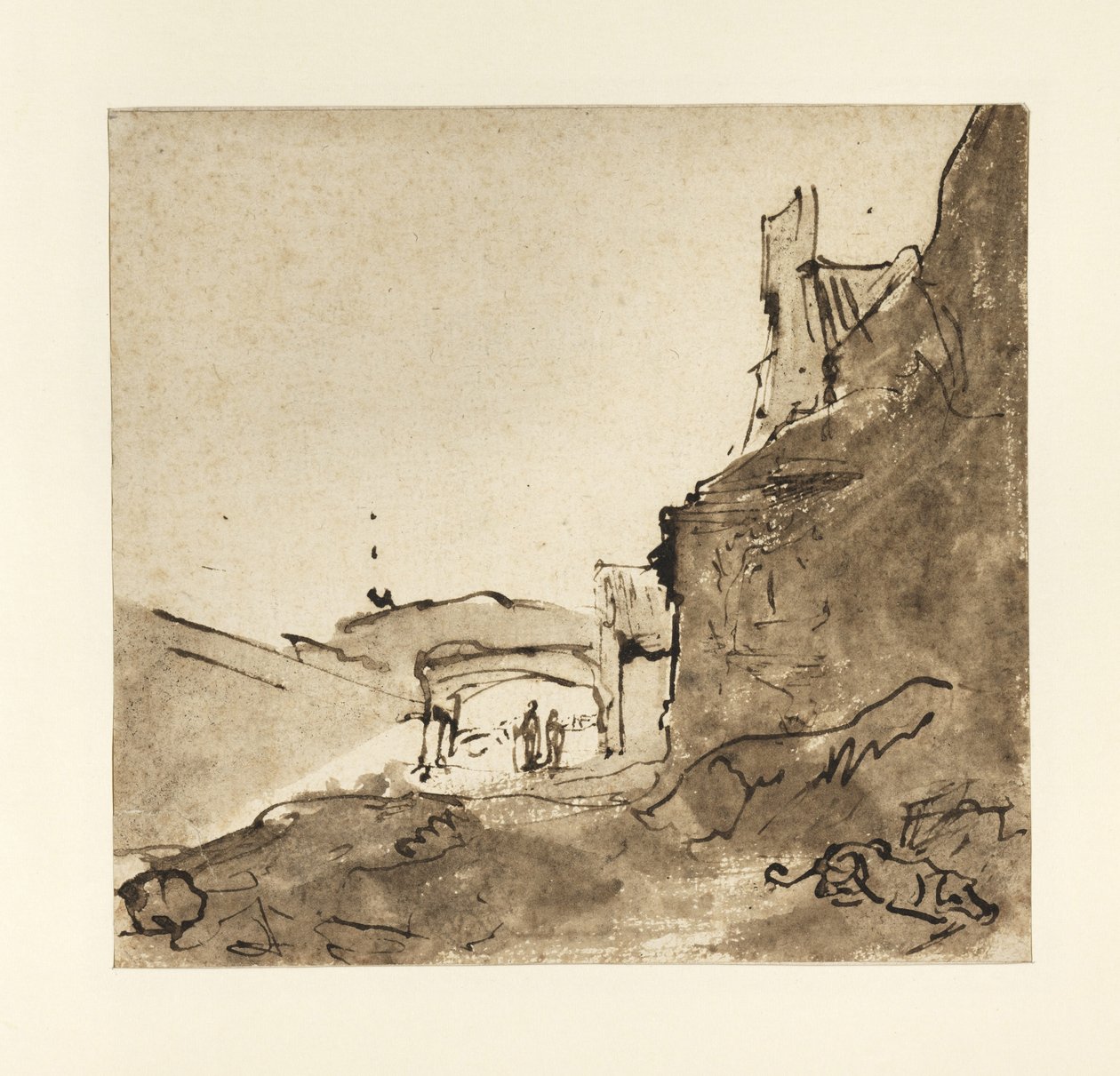 Buitenwijken van een stad met muren en een deur, c.1627-28 door Rembrandt van Rijn