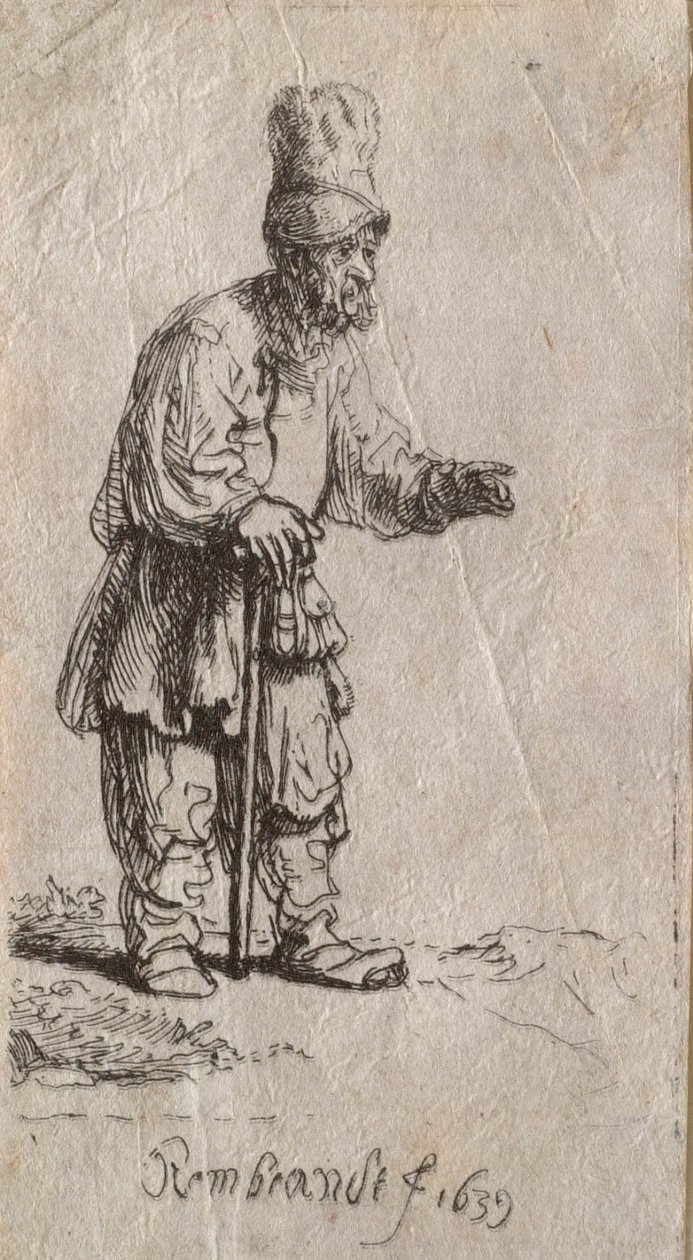 Boer met hoge muts, staand, leunend op een stok door Rembrandt van Rijn