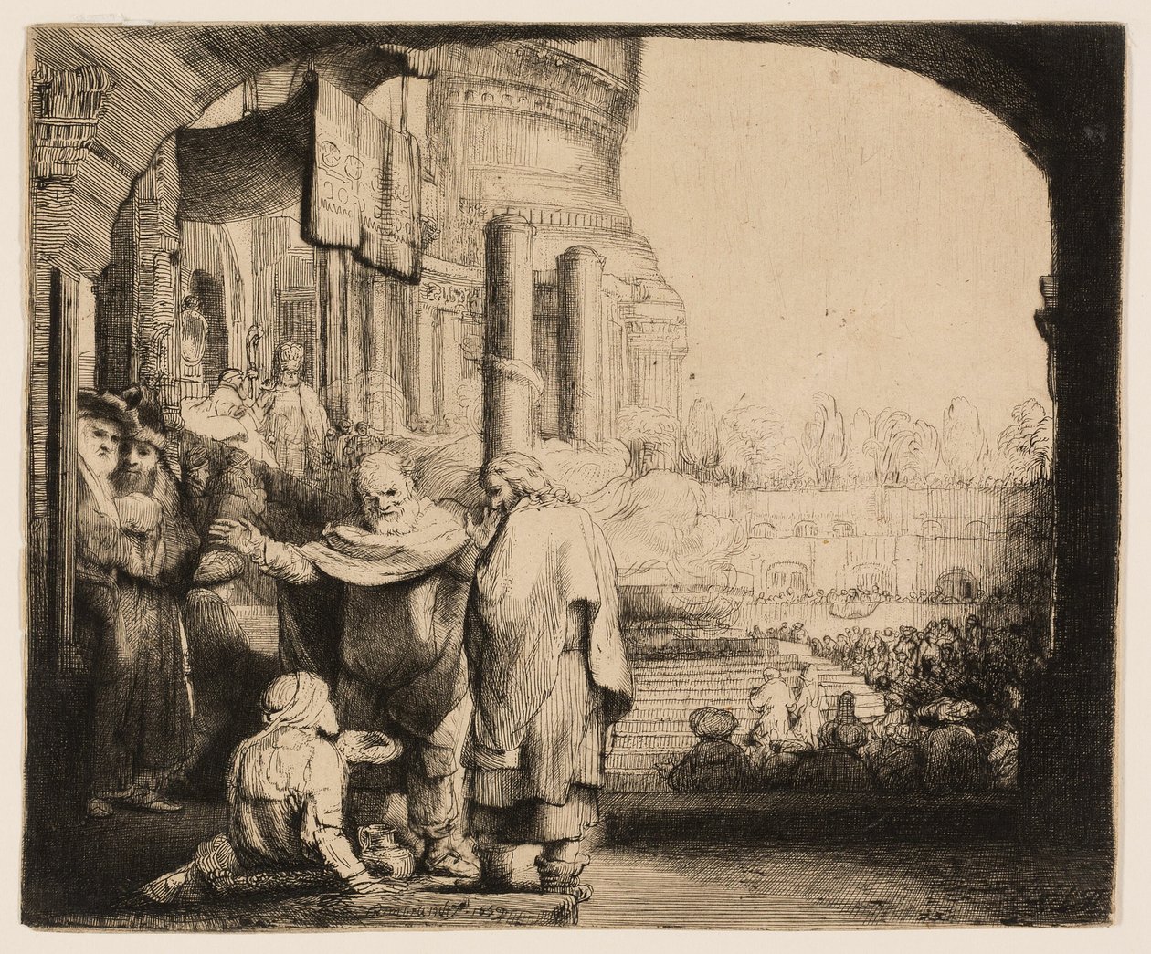 Petrus en Johannes genezen de kreupele bij de tempelpoort door Rembrandt van Rijn
