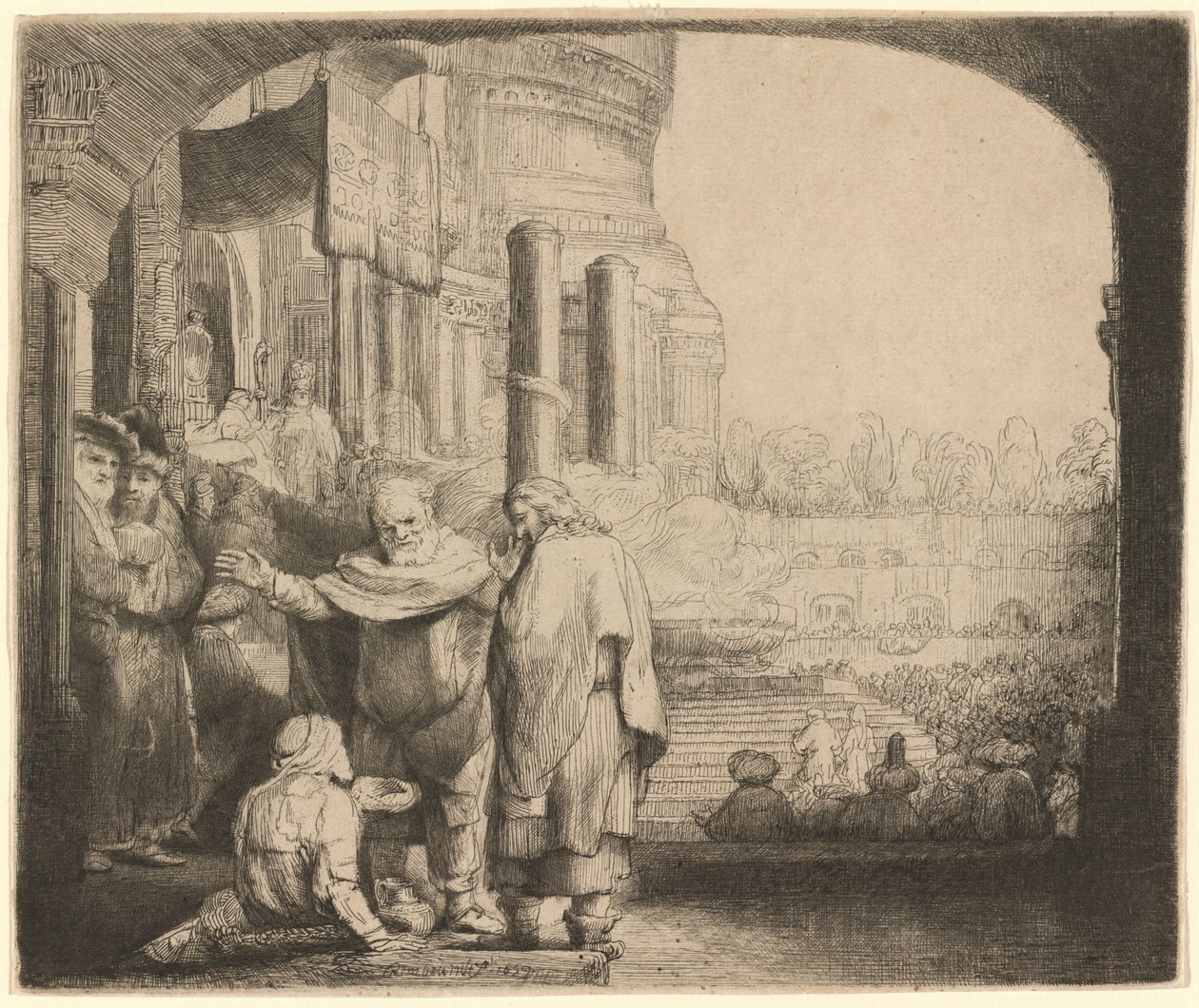 Petrus en Johannes genezen de verlamde man bij de tempelpoort door Rembrandt van Rijn