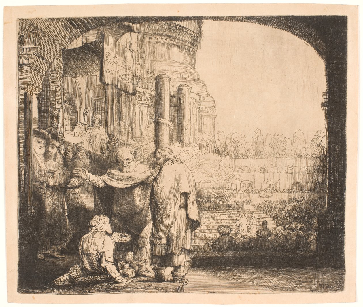 Petrus en Johannes genezen de kreupele bij de tempelpoort door Rembrandt van Rijn
