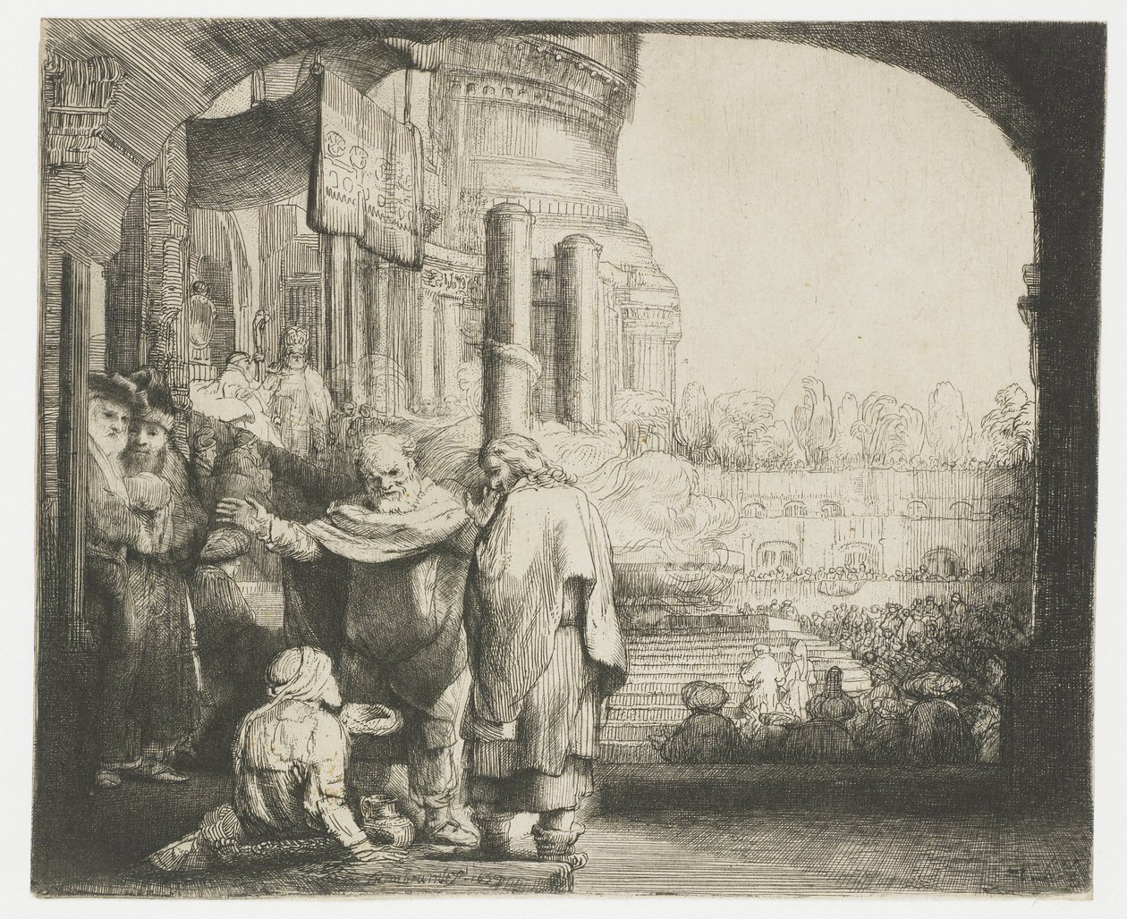 Petrus en Johannes genezen de kreupele bij de tempelpoort door Rembrandt van Rijn