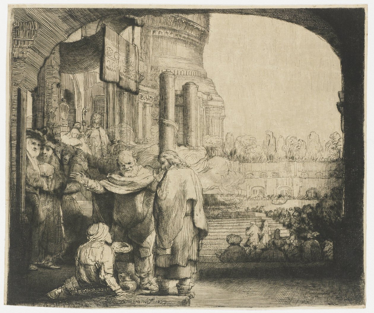 Petrus en Johannes genezen de kreupele bij de poort van de tempel door Rembrandt van Rijn
