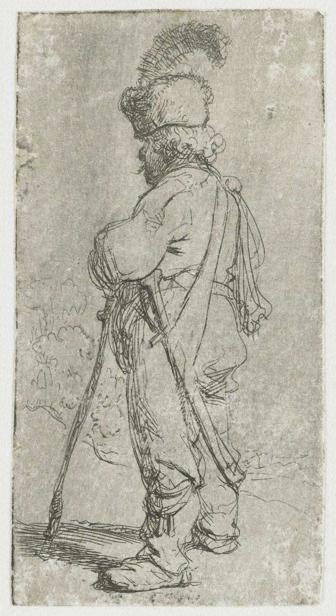 Een Pool die op een stok leunt door Rembrandt van Rijn