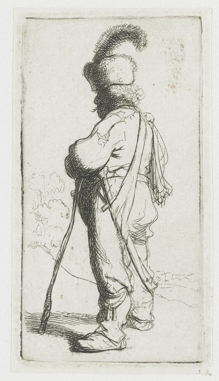 Een Pool die op een stok leunt door Rembrandt van Rijn