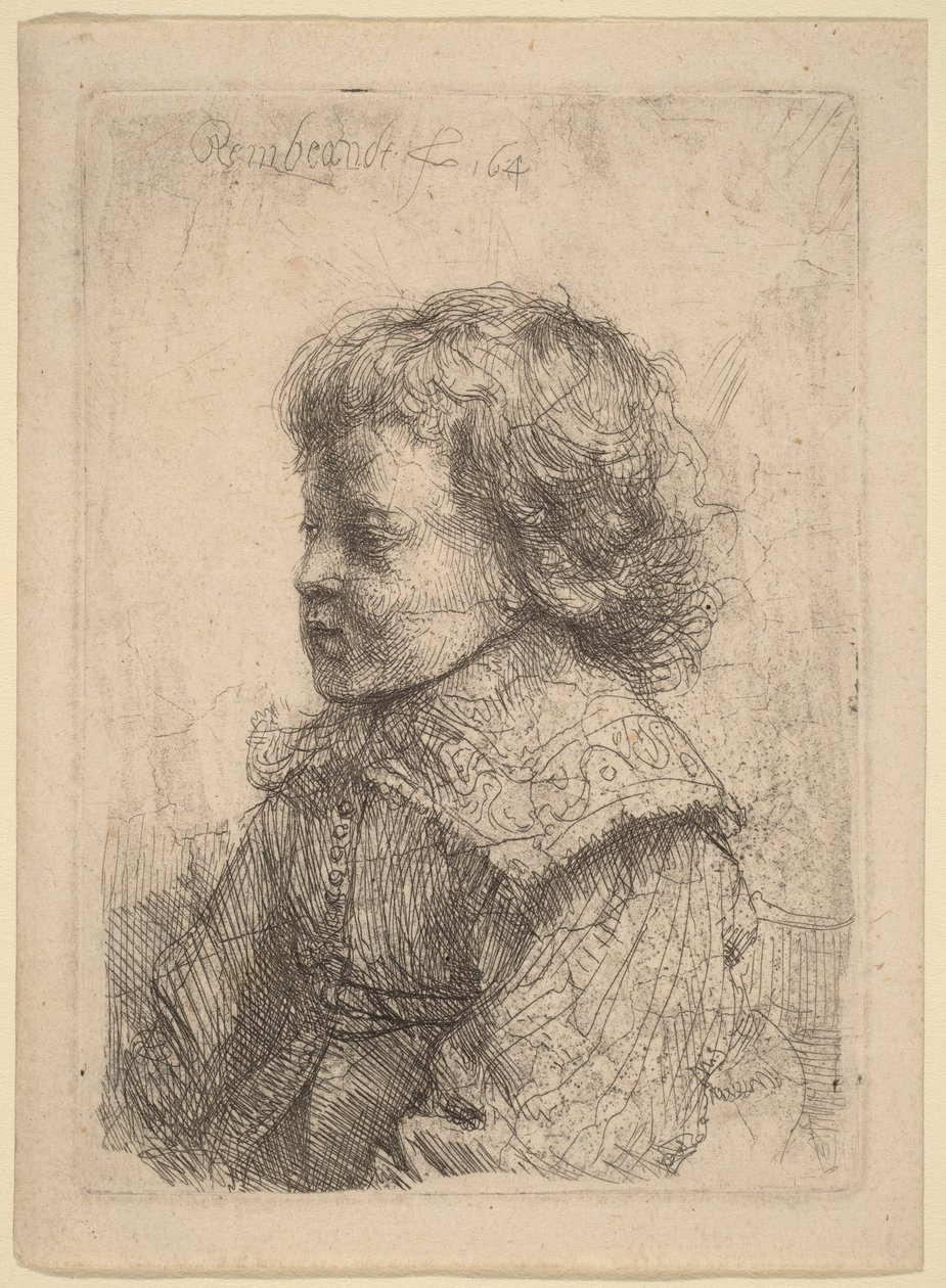Portret van een jongen in profiel door Rembrandt van Rijn