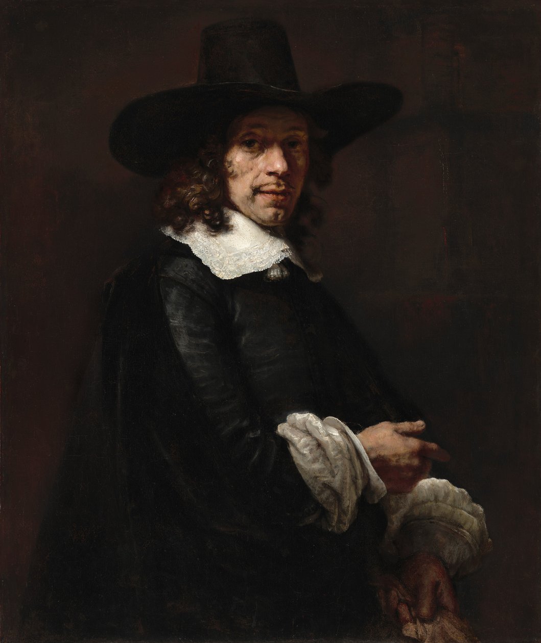 Portret van een heer met hoge hoed en handschoenen door Rembrandt van Rijn