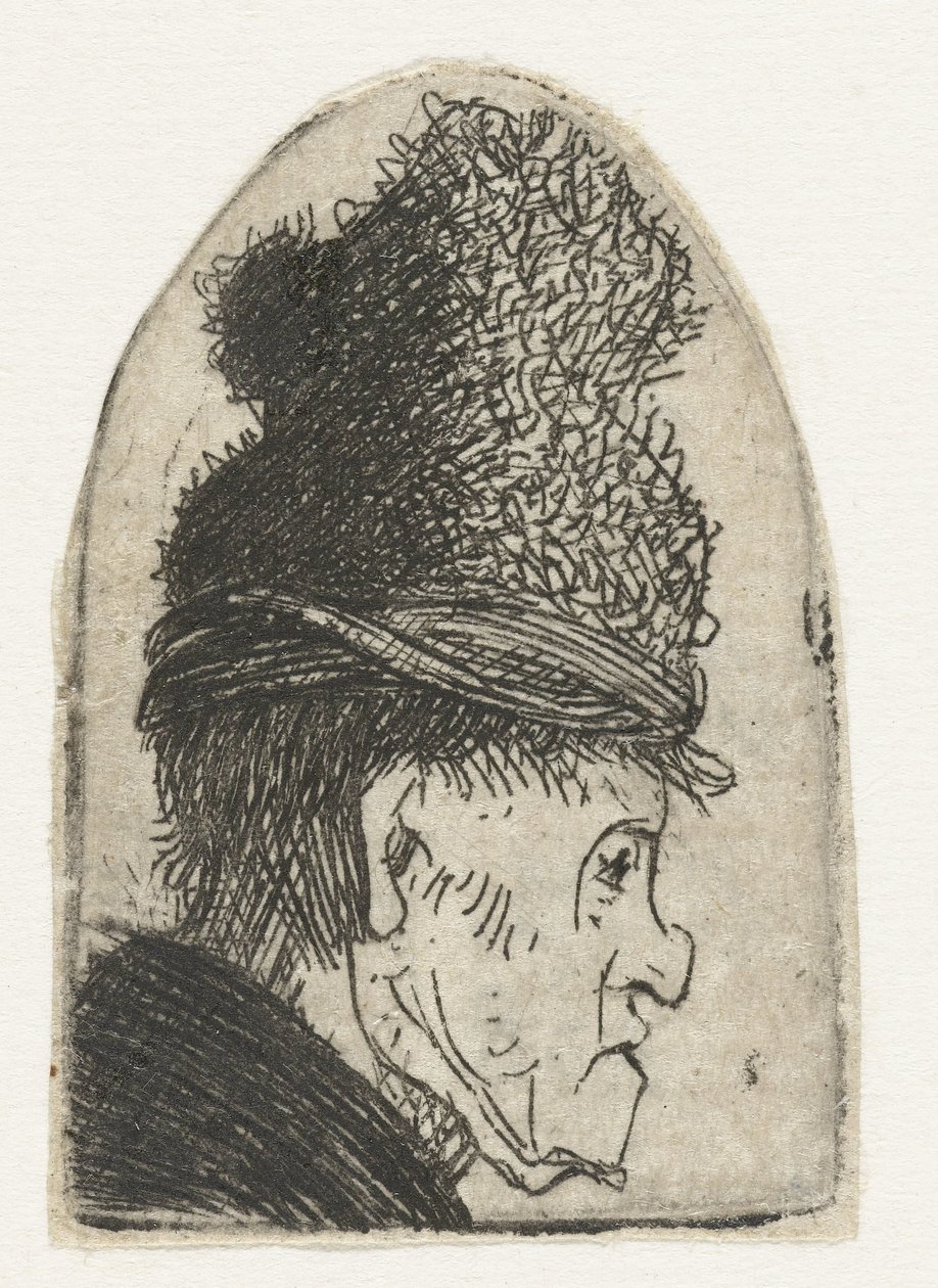 Profiel van een man met een hoge hoed door Rembrandt van Rijn