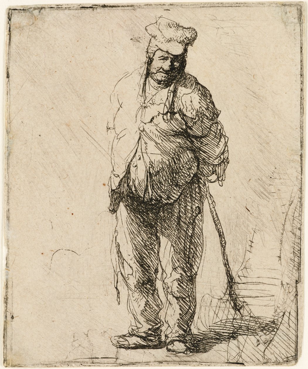 Haveloze Boer met zijn Handen achter Hem, een Stok Vasthoudend door Rembrandt van Rijn