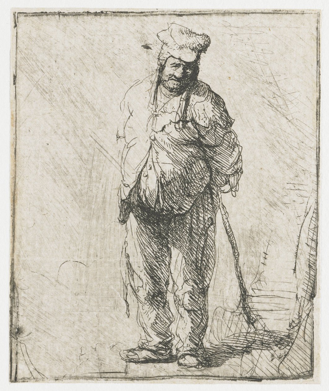 Een haveloze boer met zijn handen achter zijn rug, die een stok vasthoudt door Rembrandt van Rijn