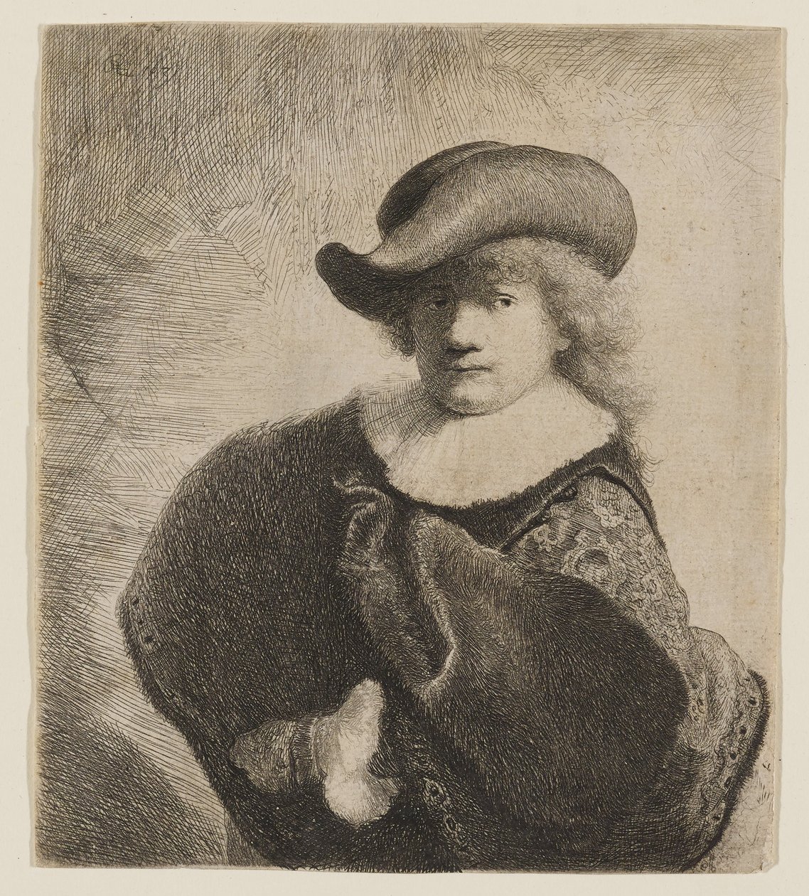 Rembrandt met een zachte hoed schuin op het hoofd door Rembrandt van Rijn