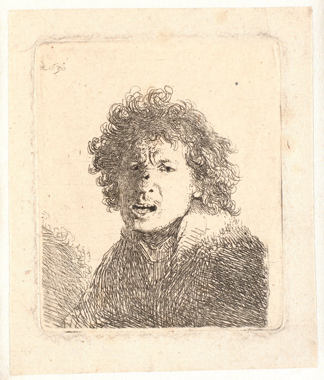 Rembrandt met ontbloot hoofd en open mond, alsof hij schreeuwt: buste door Rembrandt van Rijn