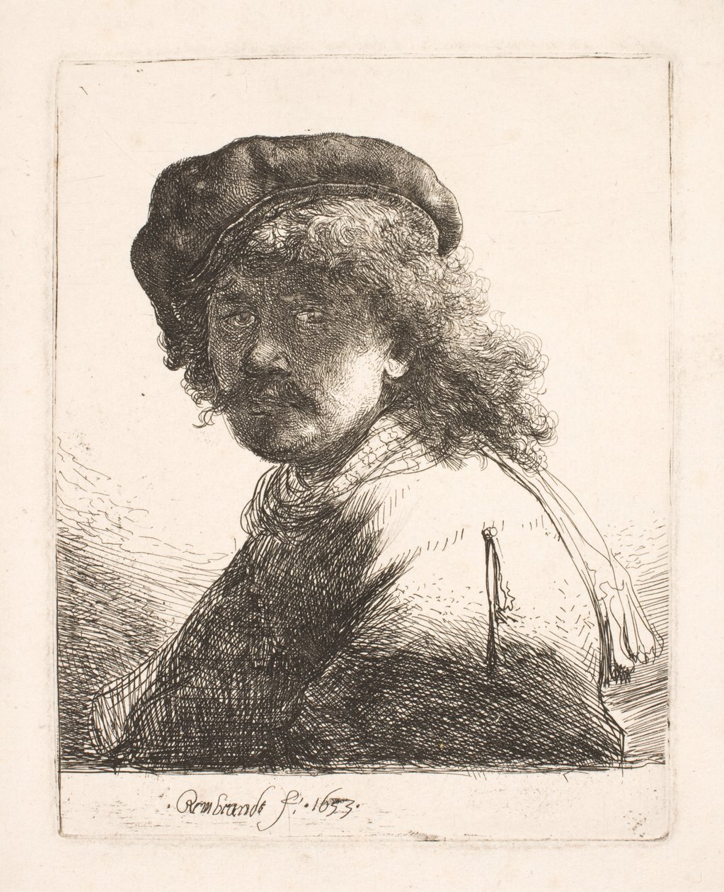 Rembrandt met een pet en een sjaal: het gezicht in de schaduw: borstbeeld door Rembrandt van Rijn