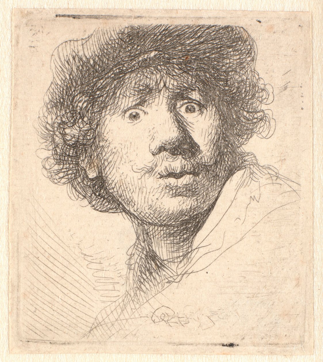 Rembrandt met een pet, mond open en starend: buste in omtrek door Rembrandt van Rijn