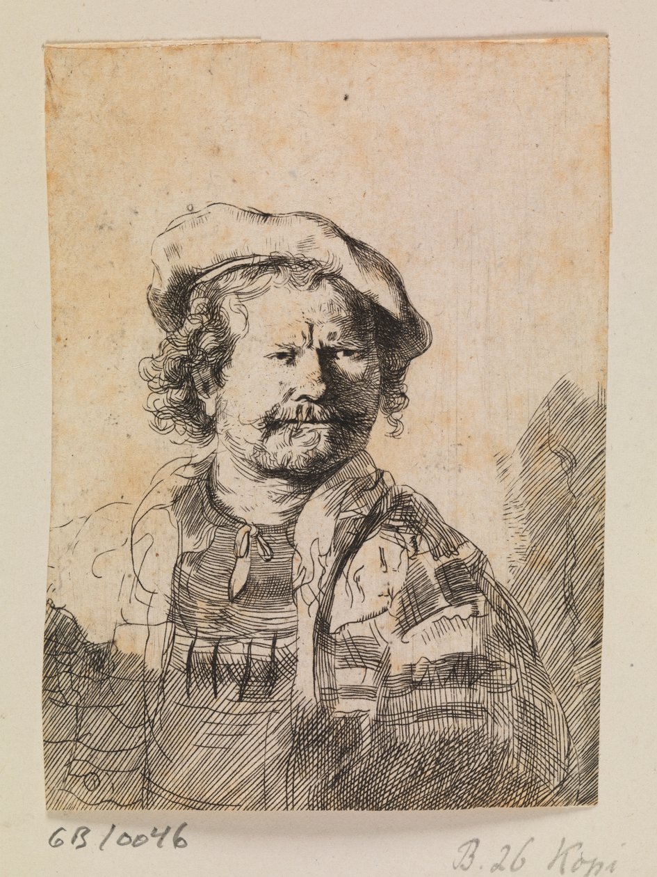 Rembrandt met een platte pet en een geborduurde jurk door Rembrandt van Rijn
