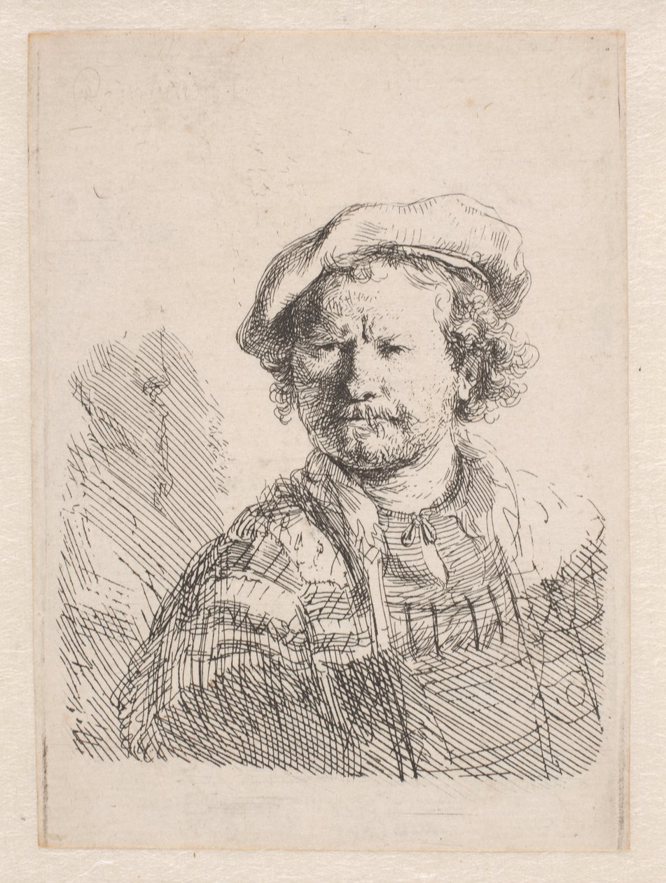 Rembrandt met een platte pet en een sjaal om zijn schouders door Rembrandt van Rijn