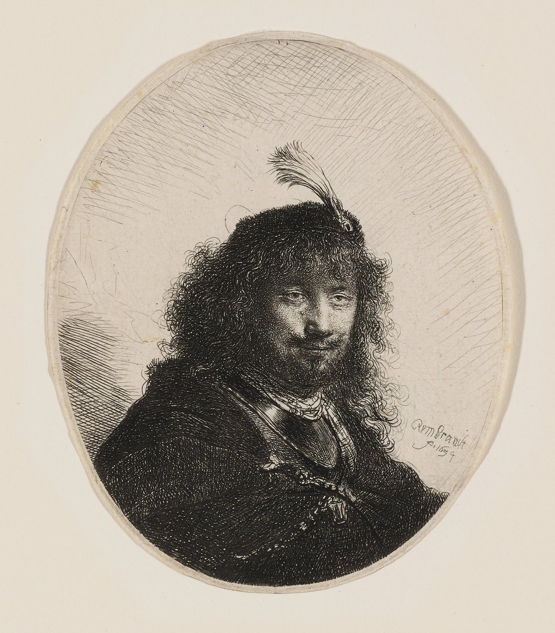 Rembrandt met een hoed met pluim en een neergelaten sabel door Rembrandt van Rijn