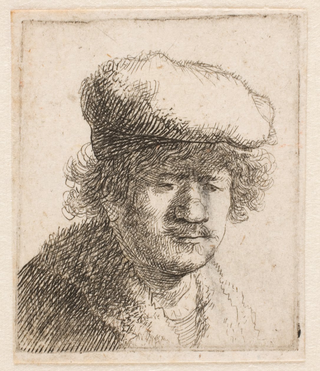 Rembrandt met de pet naar voren getrokken: borstbeeld door Rembrandt van Rijn