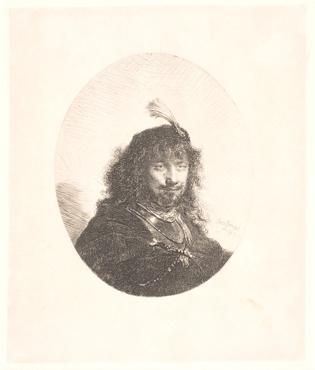 Rembrandt met een hoed met pluim en een neergelaten sabel: driekwartlengte: daarna een borstbeeld in een ovaal door Rembrandt van Rijn