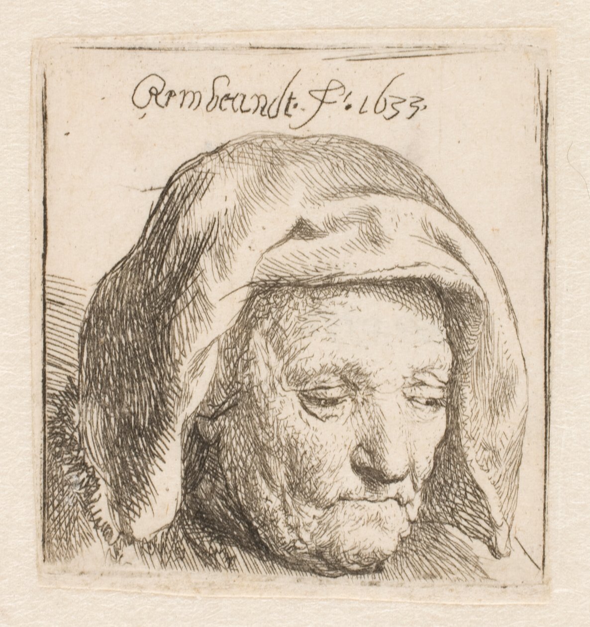 Rembrandts moeder met een stoffen hoofdtooi, terwijl ze naar beneden kijkt: alleen het hoofd door Rembrandt van Rijn