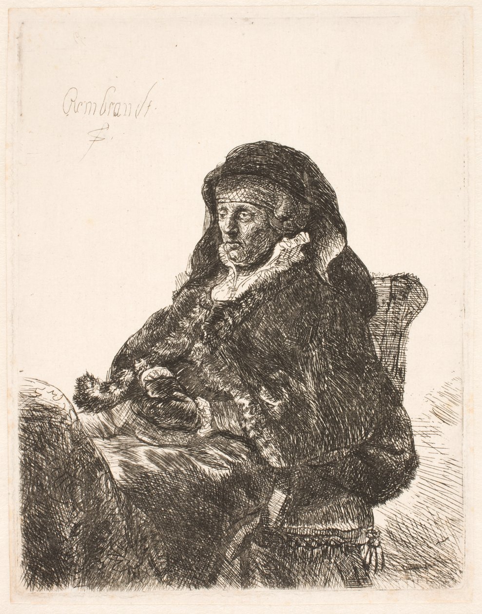 Rembrandts moeder in weduwekleding en zwarte handschoenen door Rembrandt van Rijn