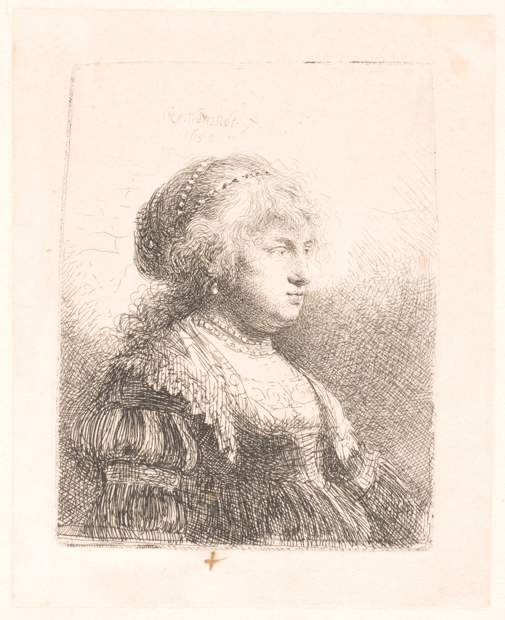 Rembrandts vrouw Saskia, met parels in haar haar, borstbeeld door Rembrandt van Rijn