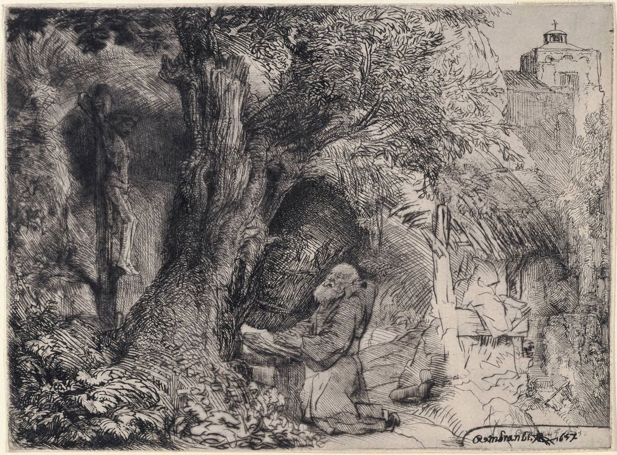 De heilige Franciscus bidt onder een boom door Rembrandt van Rijn