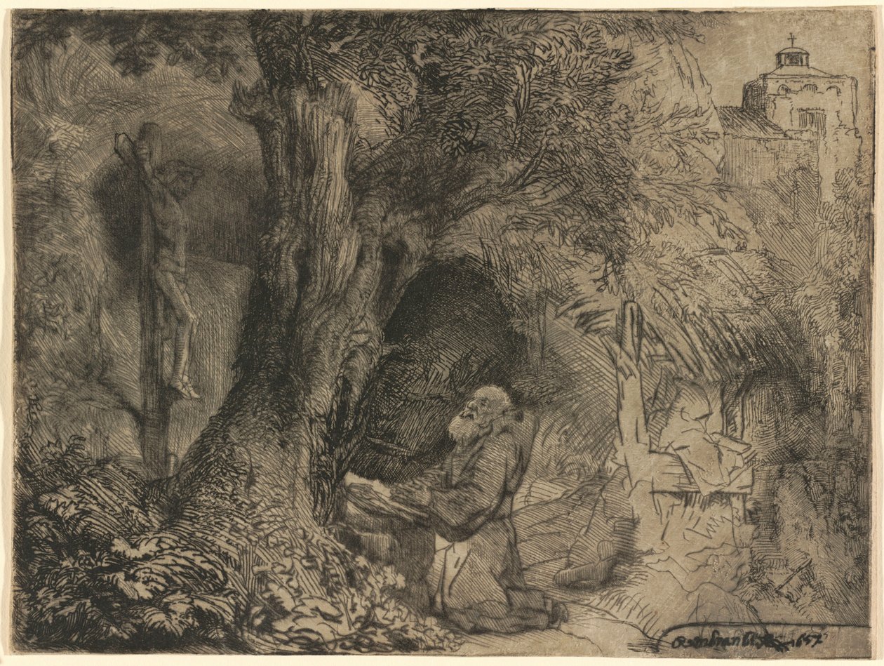 De heilige Franciscus bidt onder een boom door Rembrandt van Rijn